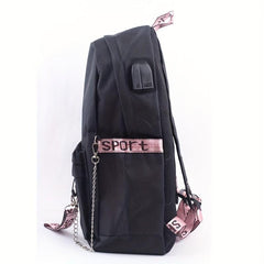 Letter Print Backpack Casual Functional School Bag Chain Decor Travel Bookbag