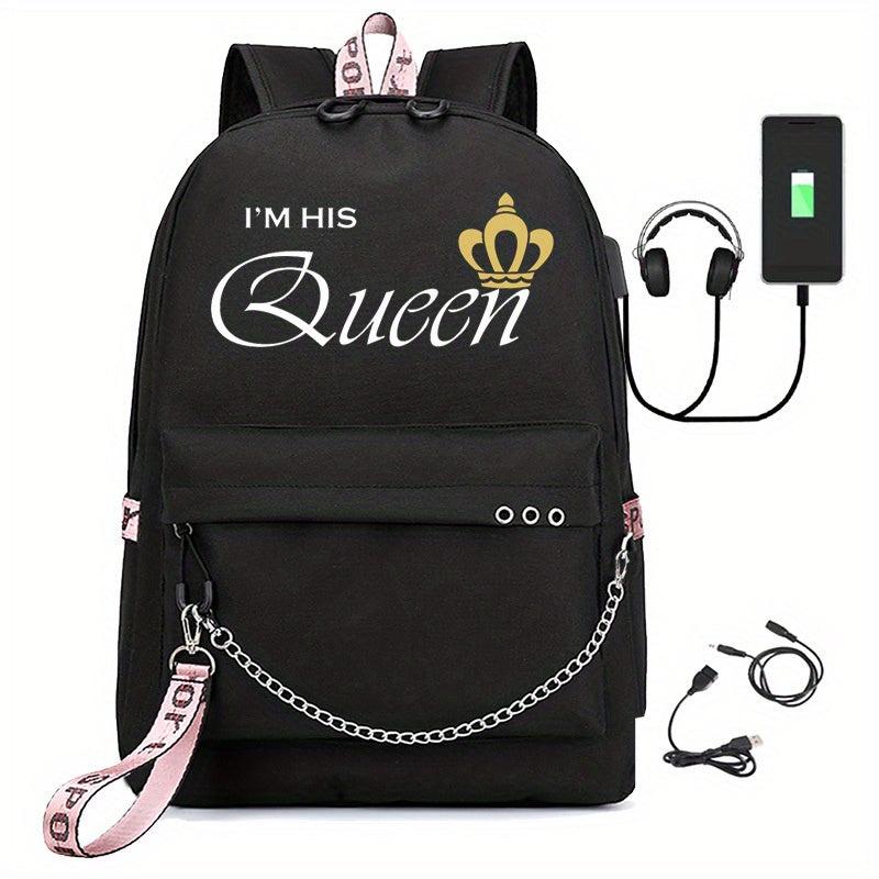 Letter Print Backpack Casual Functional School Bag Chain Decor Travel Bookbag