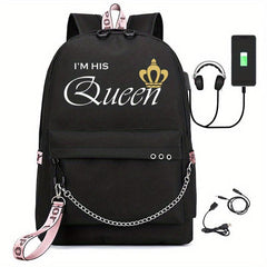 Letter Print Backpack Casual Functional School Bag Chain Decor Travel Bookbag