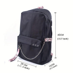 Letter Print Backpack Casual Functional School Bag Chain Decor Travel Bookbag