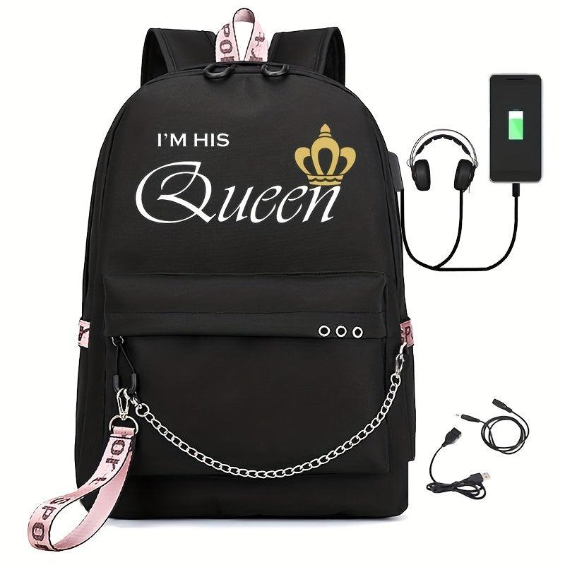 Letter Print Backpack Casual Functional School Bag Chain Decor Travel Bookbag