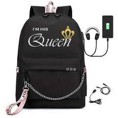 Letter Print Backpack Casual Functional School Bag Chain Decor Travel Bookbag
