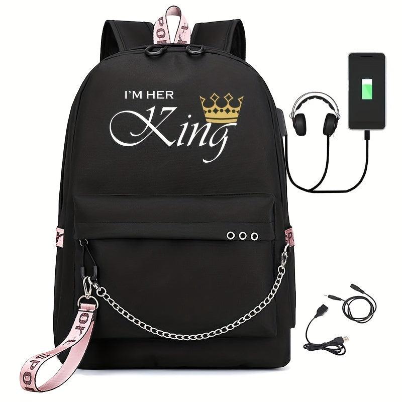 Letter Print Backpack Casual Functional School Bag Chain Decor Travel Bookbag