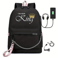 Letter Print Backpack Casual Functional School Bag Chain Decor Travel Bookbag