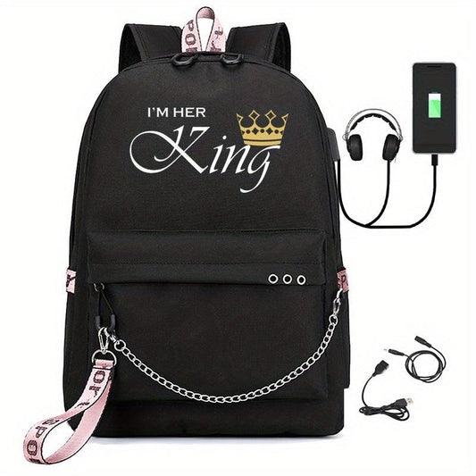 Letter Print Backpack Casual Functional School Bag Chain Decor Travel Bookbag