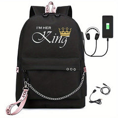 Letter Print Backpack Casual Functional School Bag Chain Decor Travel Bookbag