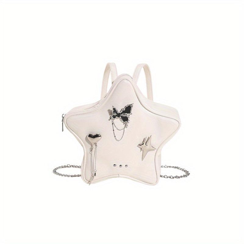 Y2K Star Butterfly Decor Chain Backpack PU Leather Waterproof Travel Bag