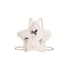 Y2K Star Butterfly Decor Chain Backpack PU Leather Waterproof Travel Bag