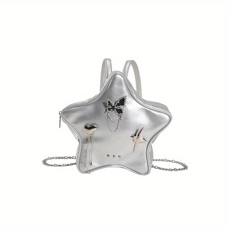 Y2K Star Butterfly Decor Chain Backpack PU Leather Waterproof Travel Bag