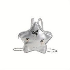 Y2K Star Butterfly Decor Chain Backpack PU Leather Waterproof Travel Bag
