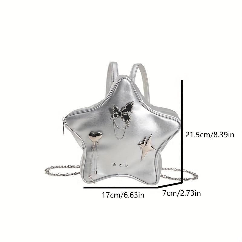 Y2K Star Butterfly Decor Chain Backpack PU Leather Waterproof Travel Bag