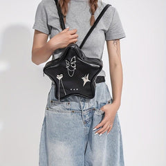 Y2K Star Butterfly Decor Chain Backpack PU Leather Waterproof Travel Bag