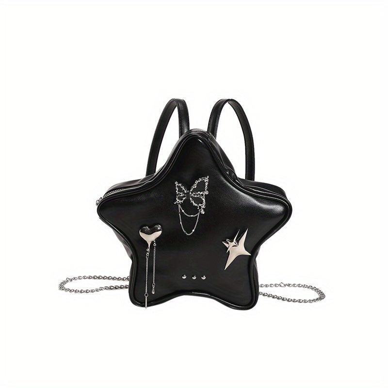 Y2K Star Butterfly Decor Chain Backpack PU Leather Waterproof Travel Bag