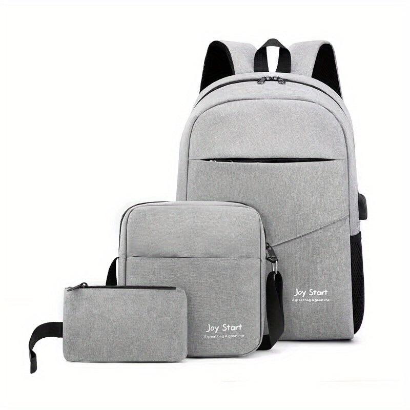 3 Pcs Solid Backpack Set with Shoulder Bag & Pouch
