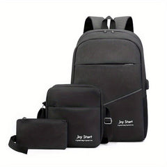 3 Pcs Solid Backpack Set with Shoulder Bag & Pouch