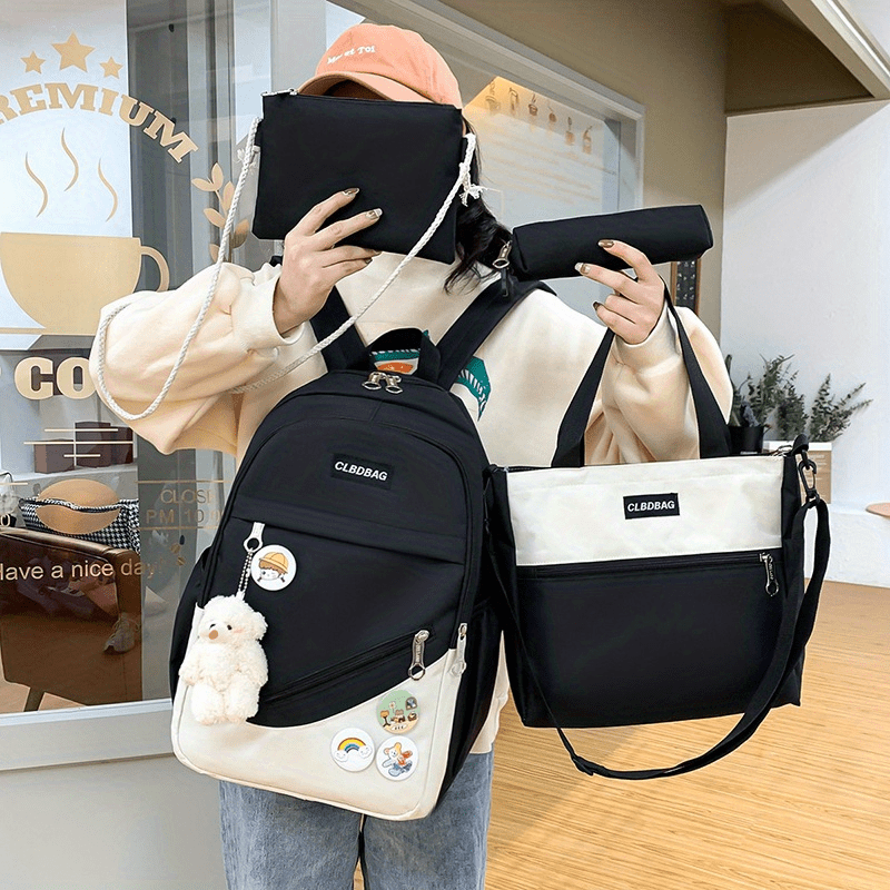 4Pcs Lightweight Contrast Backpack Schoolbag Set