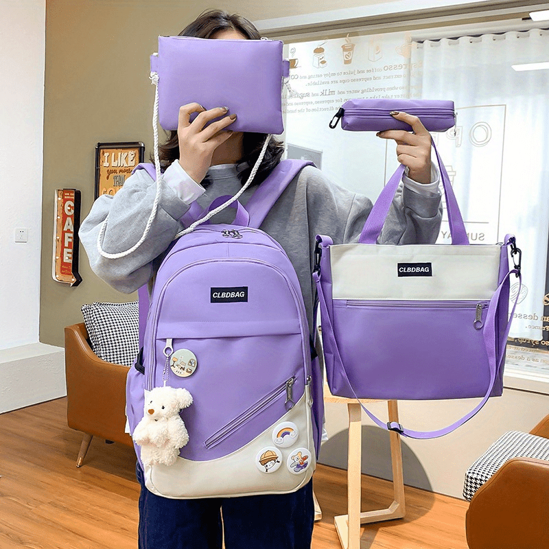 4Pcs Lightweight Contrast Backpack Schoolbag Set
