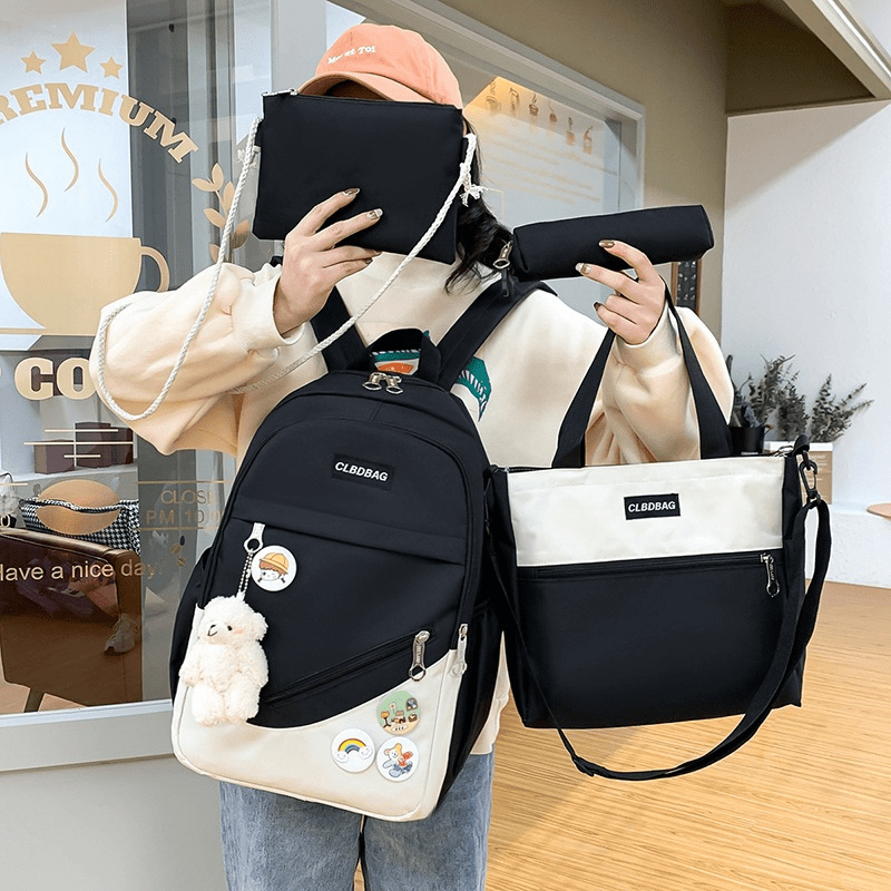 4Pcs Lightweight Contrast Backpack Schoolbag Set