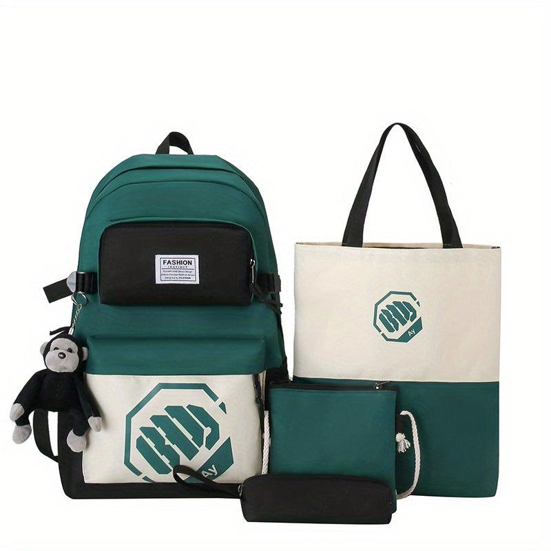Colorblock Bag Set: Preppy Backpack, Shoulder Bag, Crossbody Bag & Pencil Box