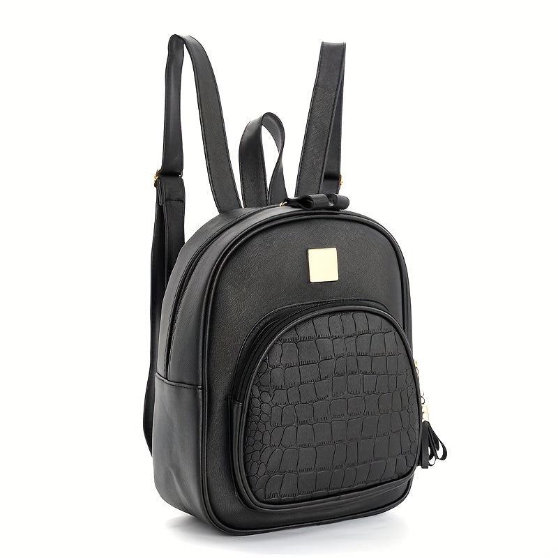 Crocodile Embossed Backpack Retro PU Leather Daypack Women's School Bag