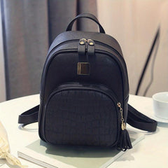 Crocodile Embossed Backpack Retro PU Leather Daypack Women's School Bag