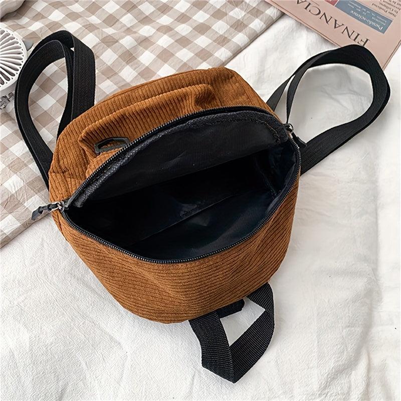 Solid Corduroy Zipper Backpack Minimalist Rucksack