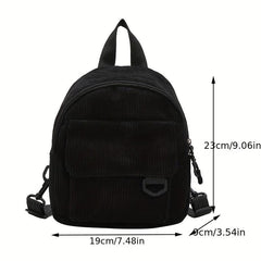 Solid Corduroy Zipper Backpack Minimalist Rucksack