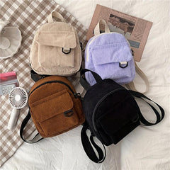 Solid Corduroy Zipper Backpack Minimalist Rucksack