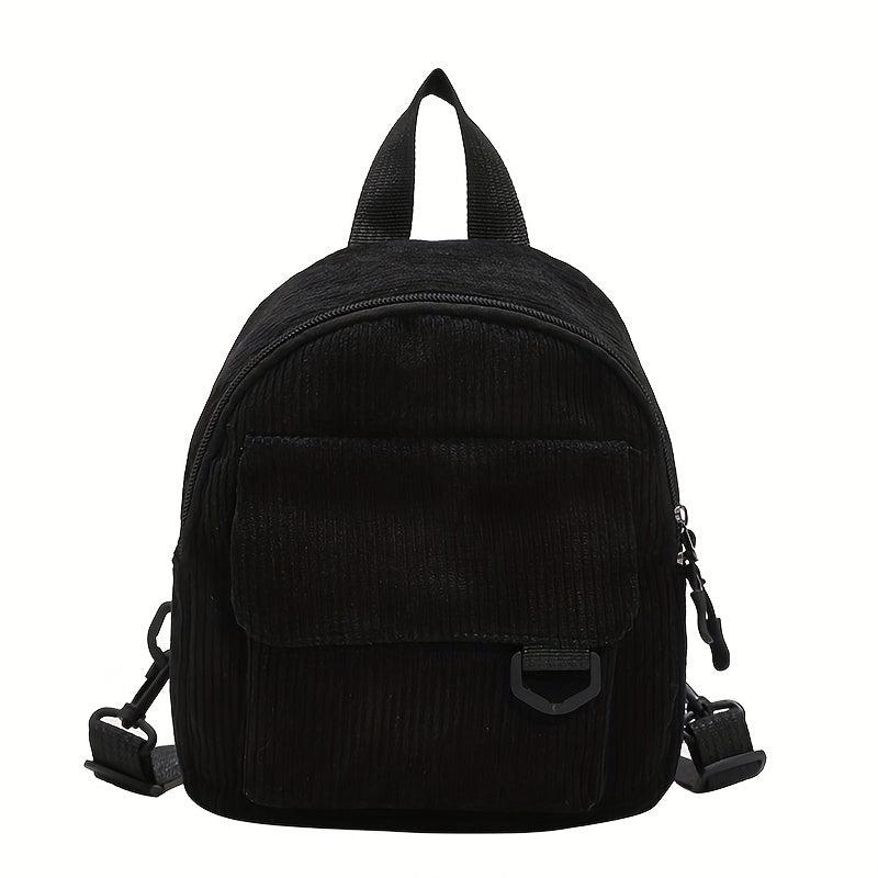 Solid Corduroy Zipper Backpack Minimalist Rucksack