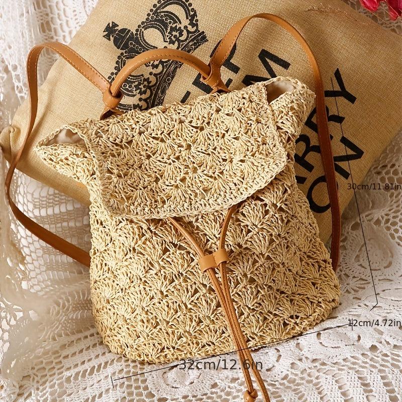 Straw Woven Flap Backpack Purse for Summer Beach Vacation
