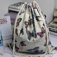Vintage Butterfly Pattern Backpack Large Capacity Drawstring Daypack