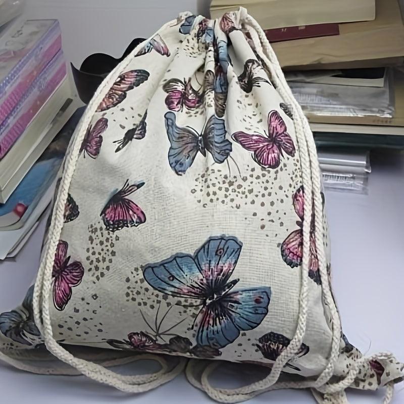 Vintage Butterfly Pattern Backpack Large Capacity Drawstring Daypack