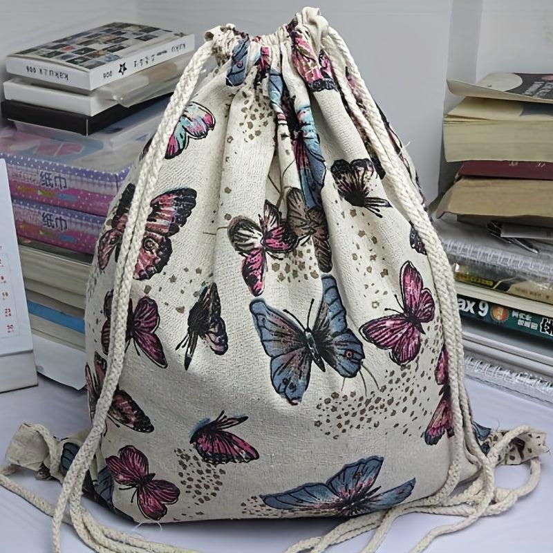Vintage Butterfly Pattern Backpack Large Capacity Drawstring Daypack
