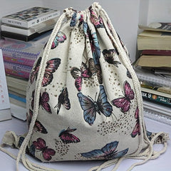 Vintage Butterfly Pattern Backpack Large Capacity Drawstring Daypack