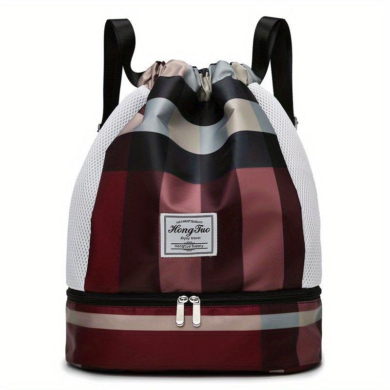 Plaid Drawstring Backpack Colorblock Gym Bag