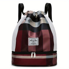 Plaid Drawstring Backpack Colorblock Gym Bag