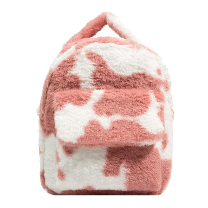 Cow Print Fluffy Backpack Small Fuzzy Shoulder Bag For Work & School