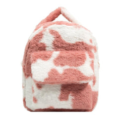 Cow Print Fluffy Backpack Small Fuzzy Shoulder Bag For Work & School
