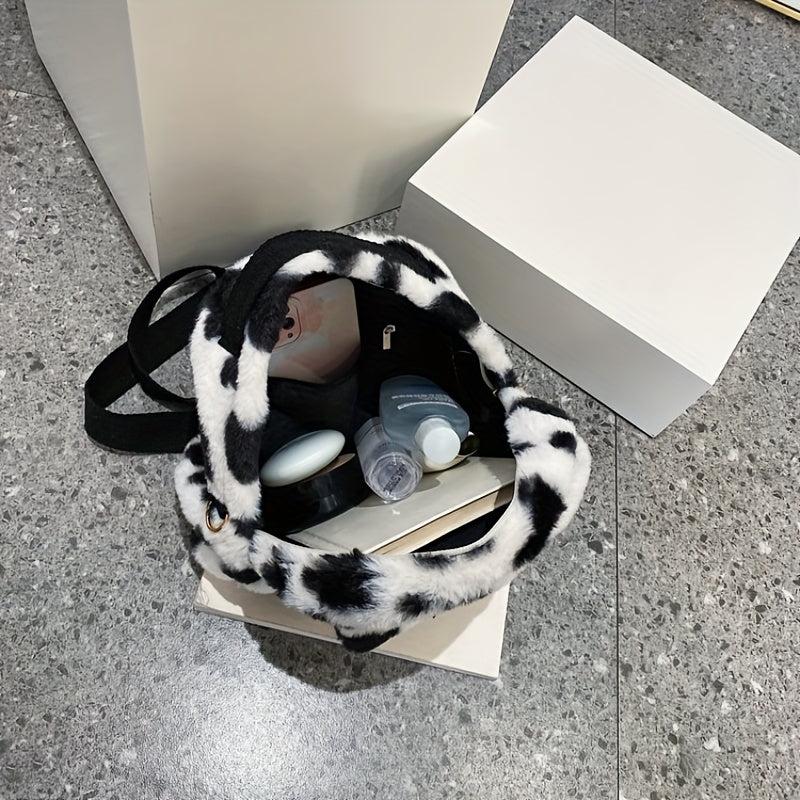Cow Print Fluffy Backpack Small Fuzzy Shoulder Bag For Work & School