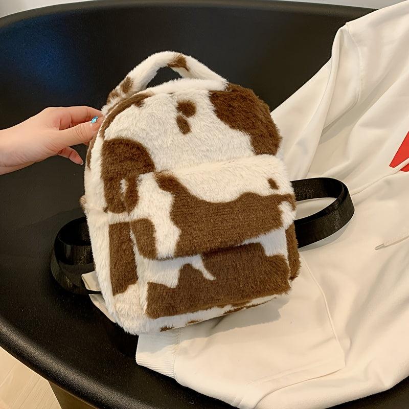 Cow Print Fluffy Backpack Small Fuzzy Shoulder Bag For Work & School