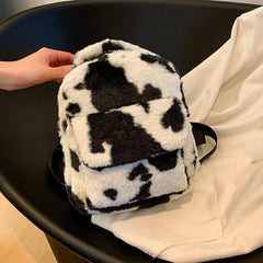 Cow Print Fluffy Backpack Small Fuzzy Shoulder Bag For Work & School