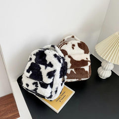 Cow Print Fluffy Backpack Small Fuzzy Shoulder Bag For Work & School