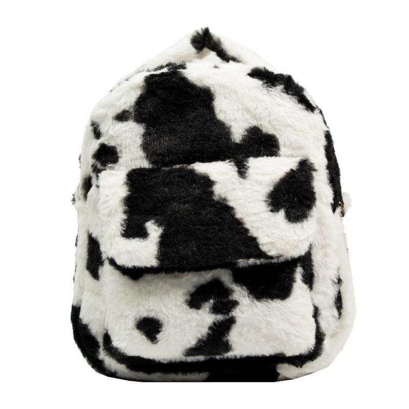 Cow Print Fluffy Backpack Small Fuzzy Shoulder Bag For Work & School