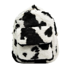 Cow Print Fluffy Backpack Small Fuzzy Shoulder Bag For Work & School