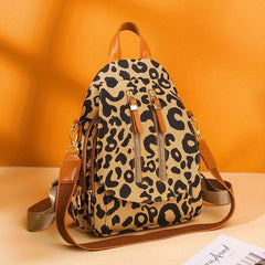 Leopard Print Flip Backpack Zipper Front Multi Layer Daypack