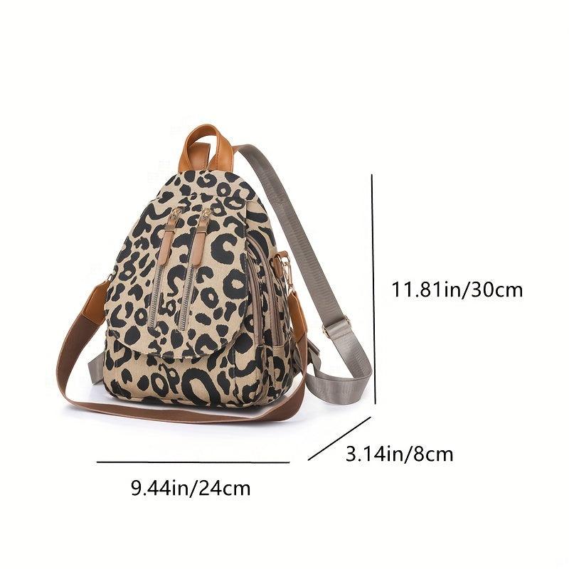 Leopard Print Flip Backpack Zipper Front Multi Layer Daypack