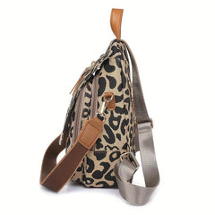 Leopard Print Flip Backpack Zipper Front Multi Layer Daypack