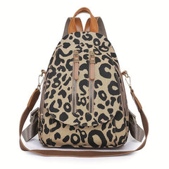 Leopard Print Flip Backpack Zipper Front Multi Layer Daypack