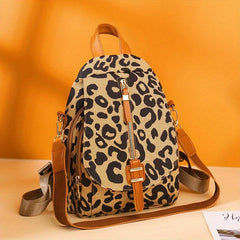 Leopard Print Flip Backpack Zipper Front Multi Layer Daypack
