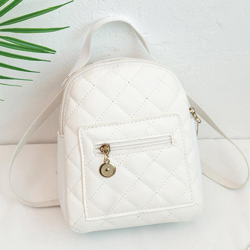 Argyle Pattern Zipper Backpack Faux Leather Small School Bag 7.48 Inch